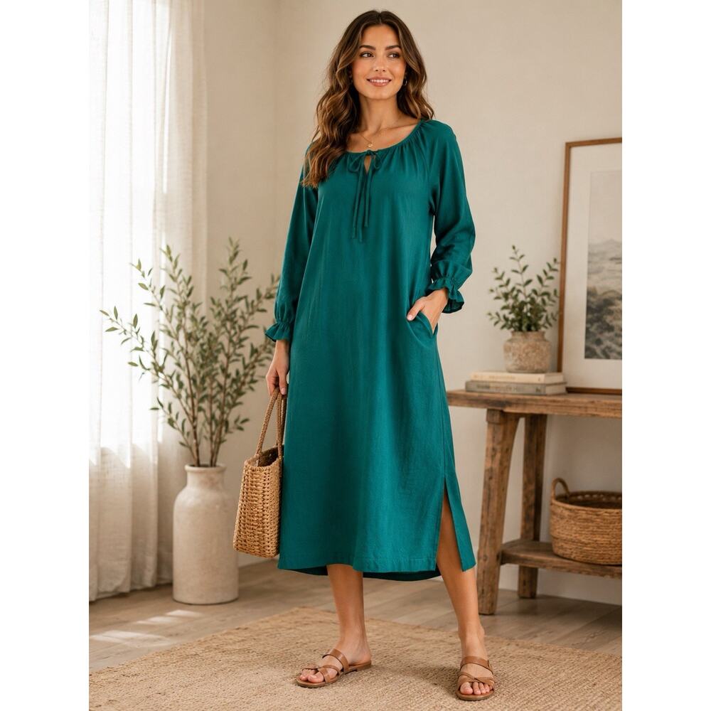 Petite Plume Women’s Teal XS Long Sleeve Casual Boho Cottage Core Dress Cotton